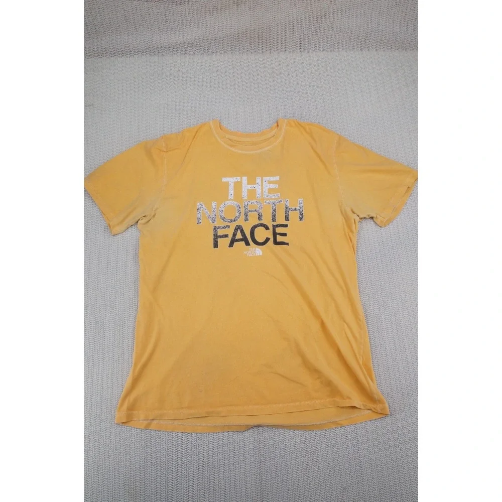 The North Face Shirt Mens Large Yellow Short Sleeve Spellout Logo Out door Fade